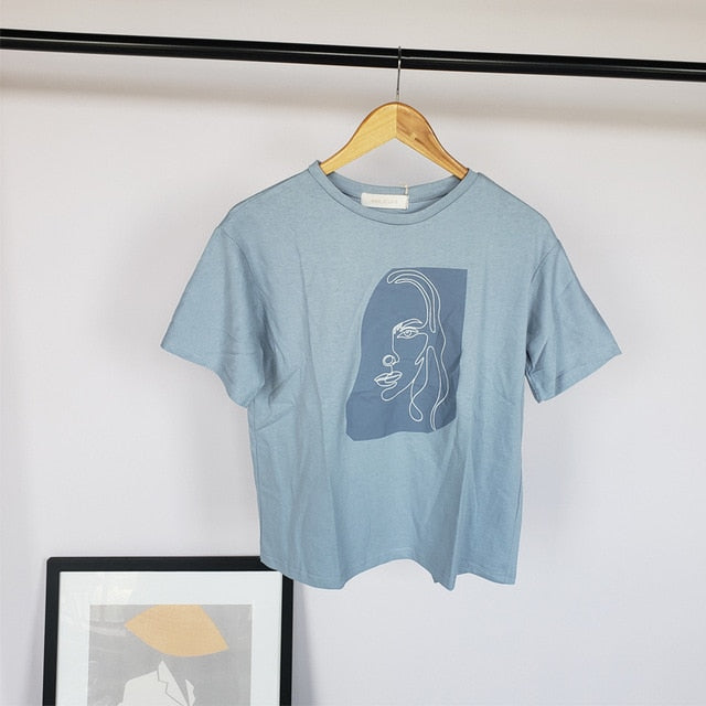 Abstract T-shirts Character Printing-Summer white Cotton Tops Tees