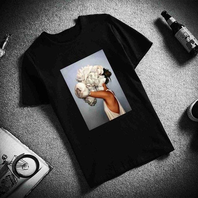 Flowers Feather Print Short Sleeve Tops & Tees Fashion Casual T Shirt