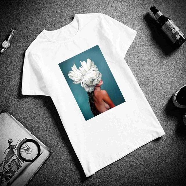 Flowers Feather Print Short Sleeve Tops & Tees Fashion Casual T Shirt