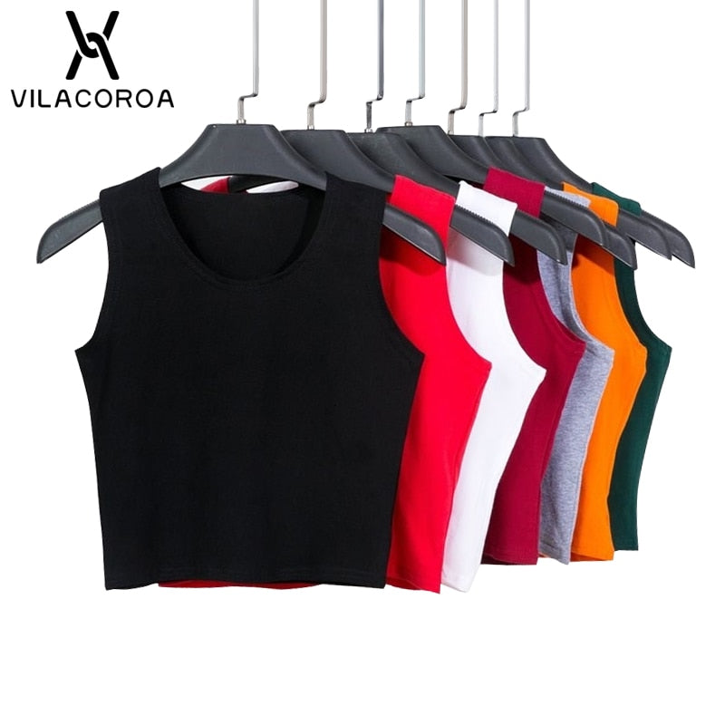 Black Round Neck Sleeveless T-shirt Cotton Crop Top