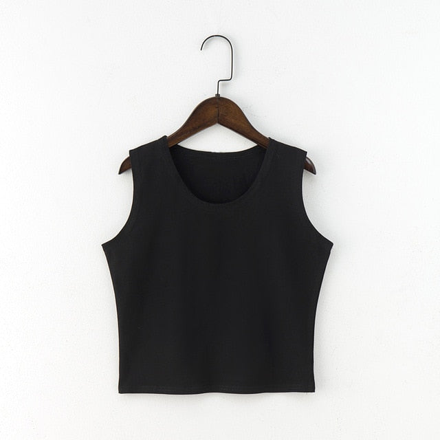 Black Round Neck Sleeveless T-shirt Cotton Crop Top