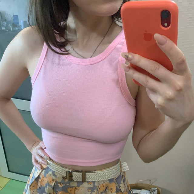 2020 Summer Casual Fitness Short Vest Candy Colors Knitted Off Shoulder Crop Top Women