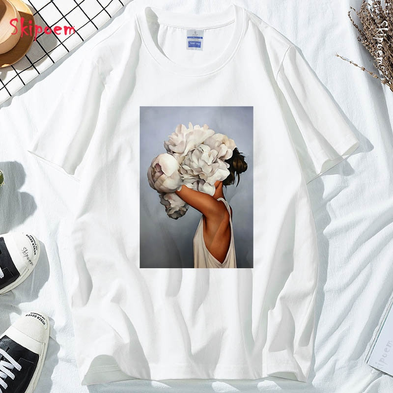 Flowers Feather Print Short Sleeve Tops & Tees Fashion Casual T Shirt