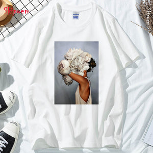 Flowers Feather Print Short Sleeve Tops & Tees Fashion Casual T Shirt