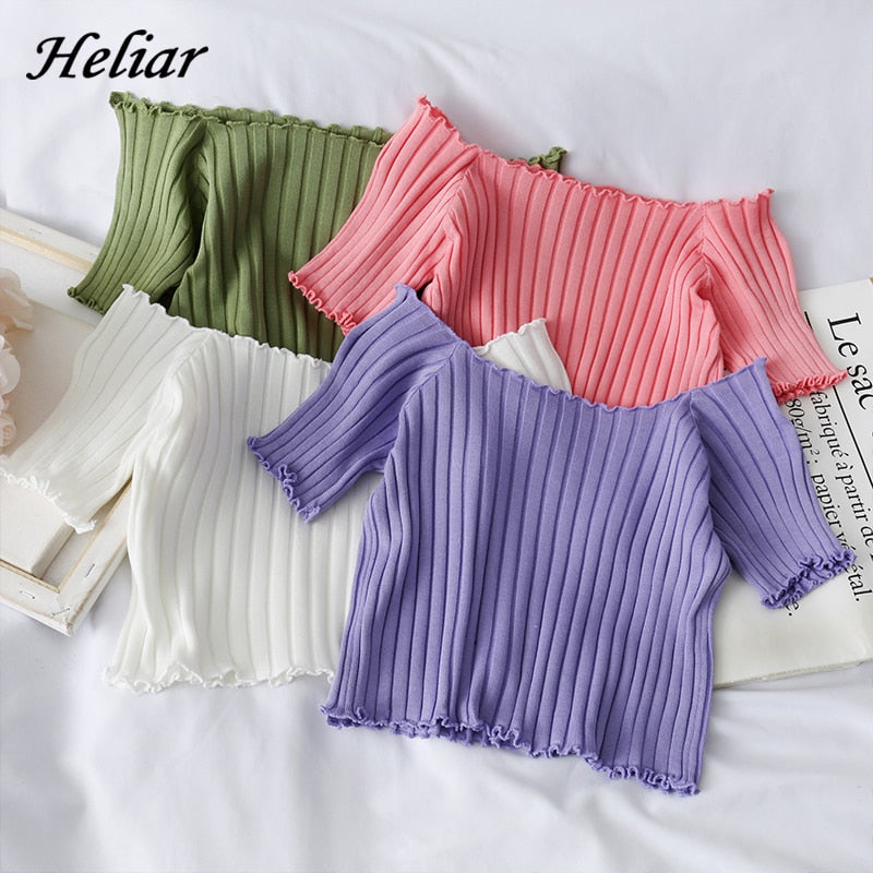 Women T-shirts Off Shoulder Knitting Crop Tops Short Sleeve Stretchy Ruffles Hem  2020 Summer Crop Tees