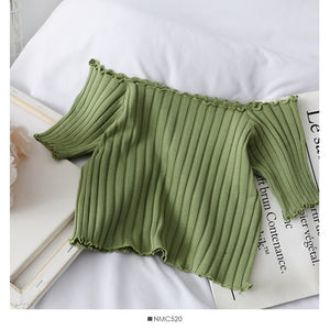 Women T-shirts Off Shoulder Knitting Crop Tops Short Sleeve Stretchy Ruffles Hem  2020 Summer Crop Tees