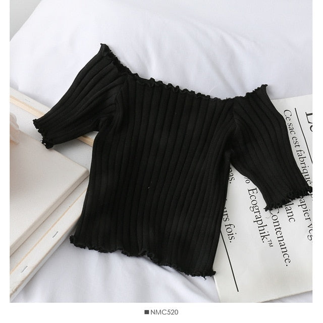 Women T-shirts Off Shoulder Knitting Crop Tops Short Sleeve Stretchy Ruffles Hem  2020 Summer Crop Tees