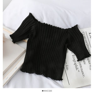 Women T-shirts Off Shoulder Knitting Crop Tops Short Sleeve Stretchy Ruffles Hem  2020 Summer Crop Tees