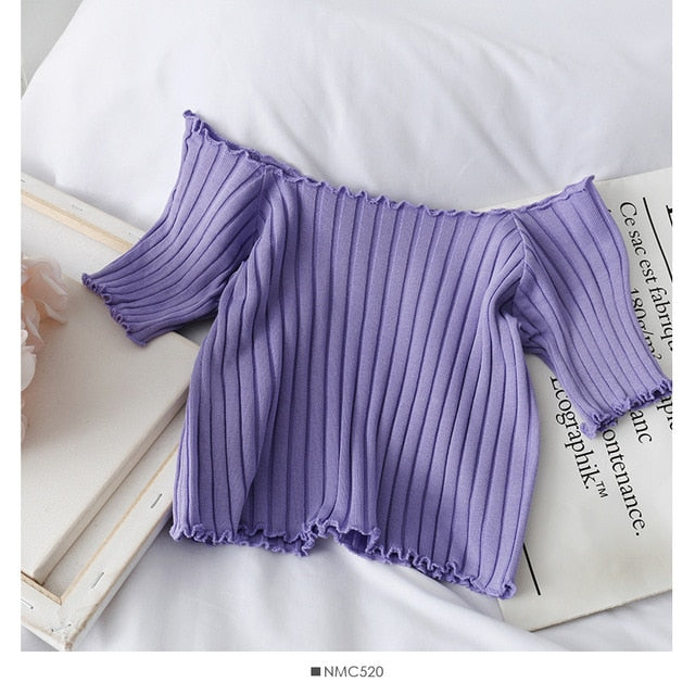 Women T-shirts Off Shoulder Knitting Crop Tops Short Sleeve Stretchy Ruffles Hem  2020 Summer Crop Tees