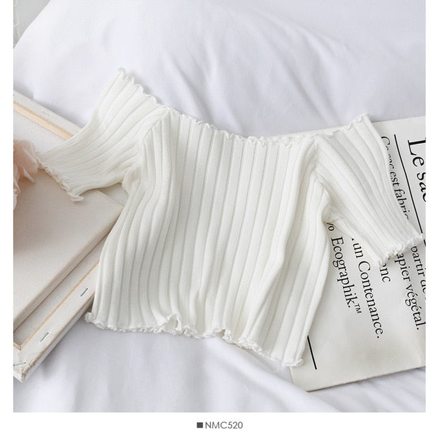 Women T-shirts Off Shoulder Knitting Crop Tops Short Sleeve Stretchy Ruffles Hem  2020 Summer Crop Tees