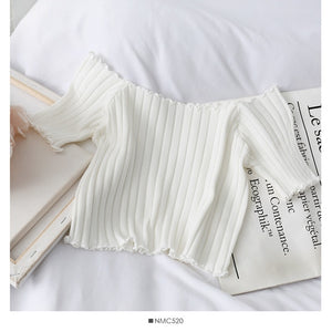 Women T-shirts Off Shoulder Knitting Crop Tops Short Sleeve Stretchy Ruffles Hem  2020 Summer Crop Tees