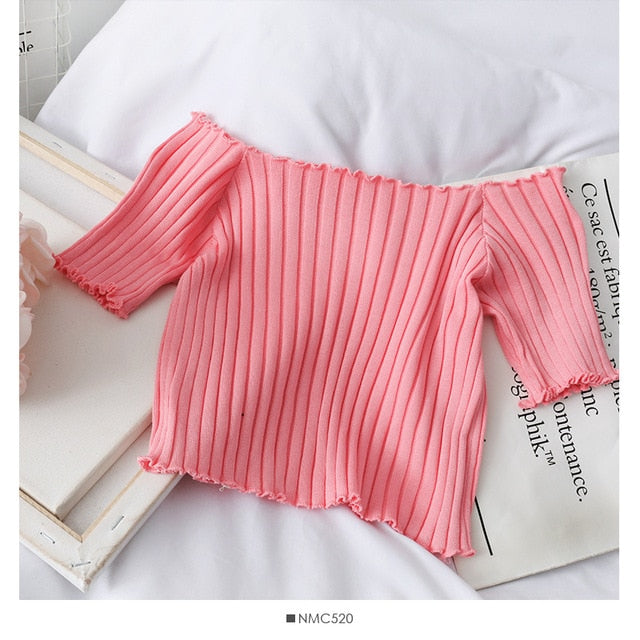 Women T-shirts Off Shoulder Knitting Crop Tops Short Sleeve Stretchy Ruffles Hem  2020 Summer Crop Tees