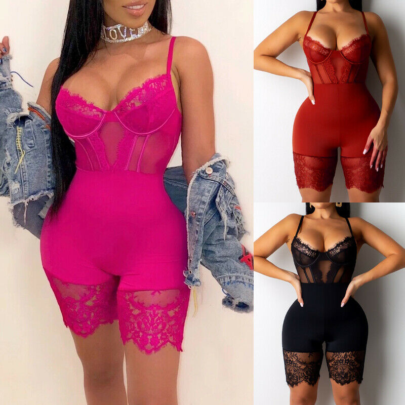 Women Lace Sheer Body con Corset Jumpsuit Romper Shorts Keep Slim Shape wear