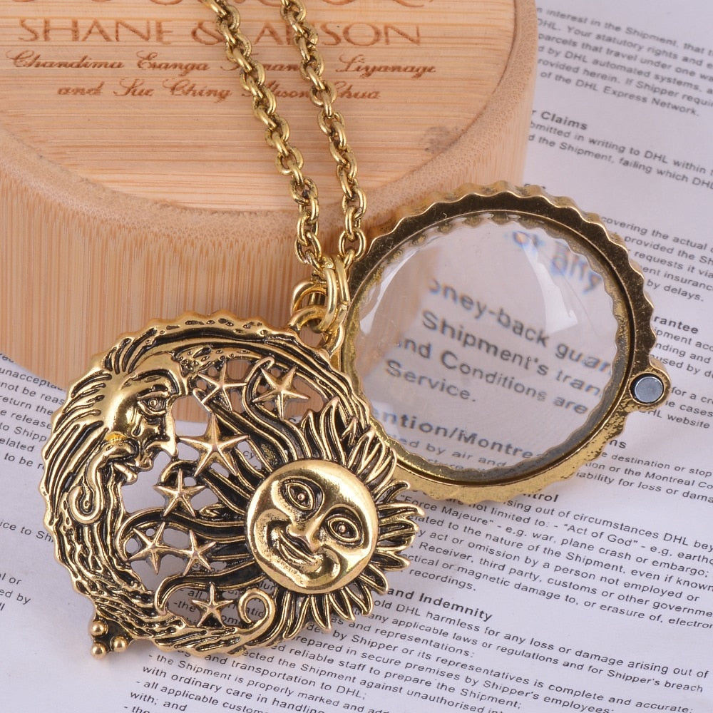 magnifier glass pendant sun with moon and stars necklace